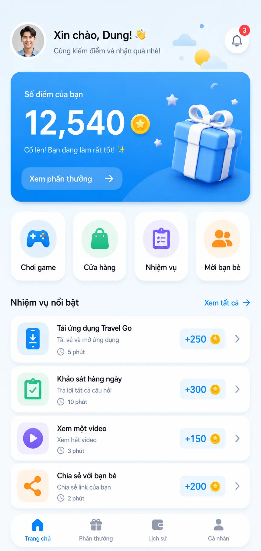 Màn hình chính app GoLike hiển thị số điểm và các hoạt động nổi bật