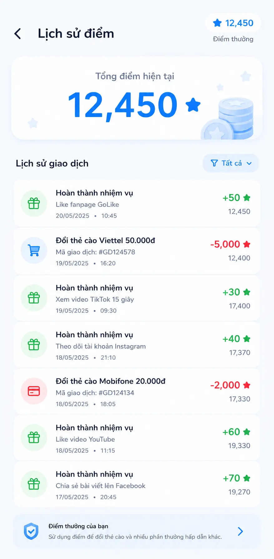 Màn hình lịch sử Điểm thưởng đã ghi nhận và đã dùng để đổi thưởng